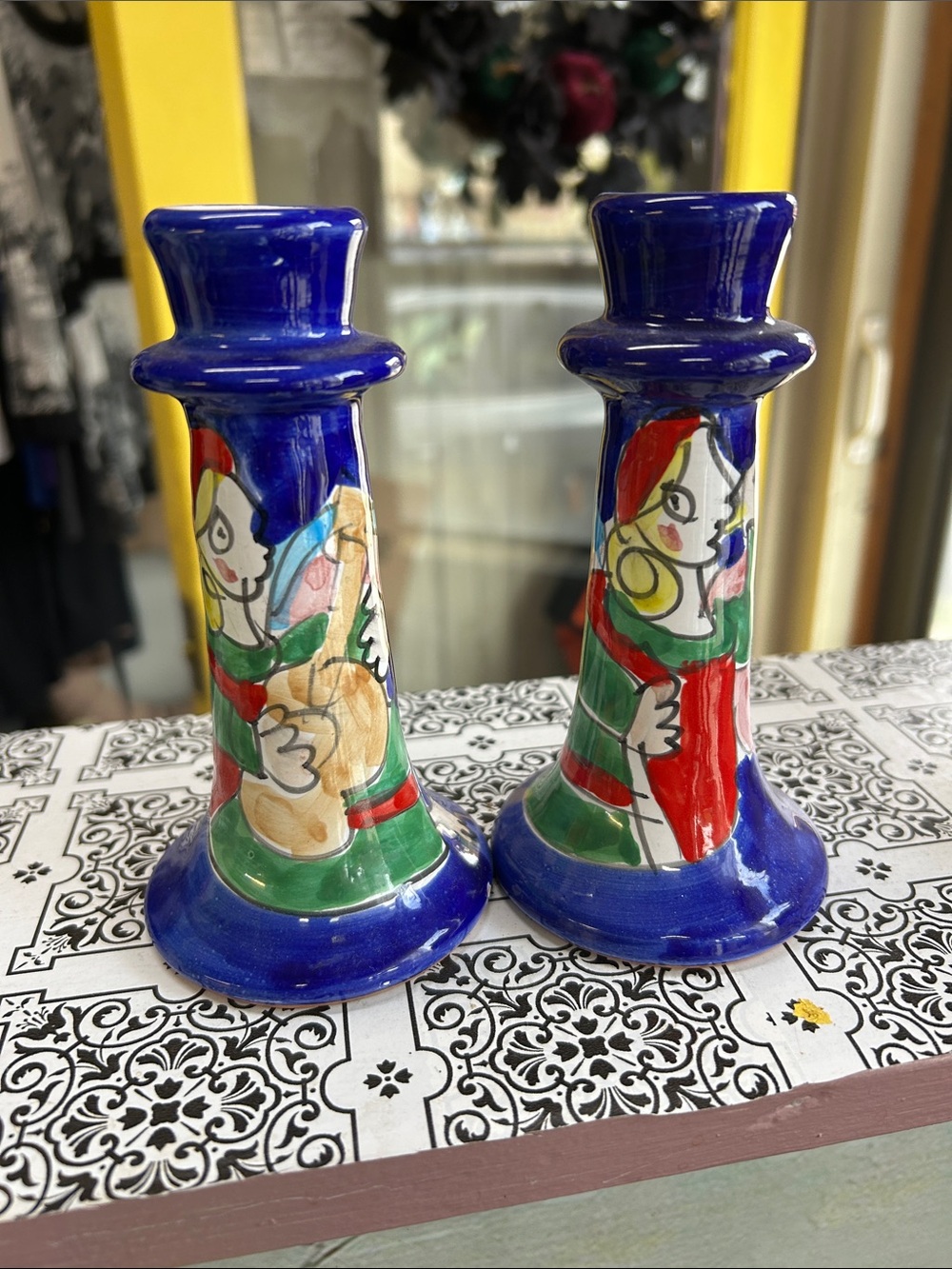 Hand-Painted Blue Folk Art Ceramic Candlestick Pair
